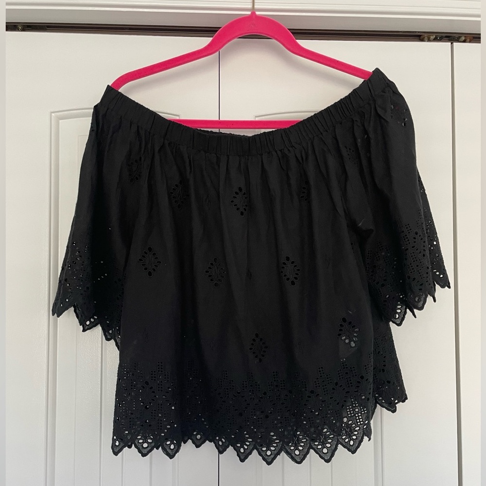 Reserved Black Off-Shoulder Eyelet Cotton Top